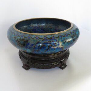 Jingfa Cloisonne Blue and Gold Floral Bowl and Stand Vintage Chinese........726